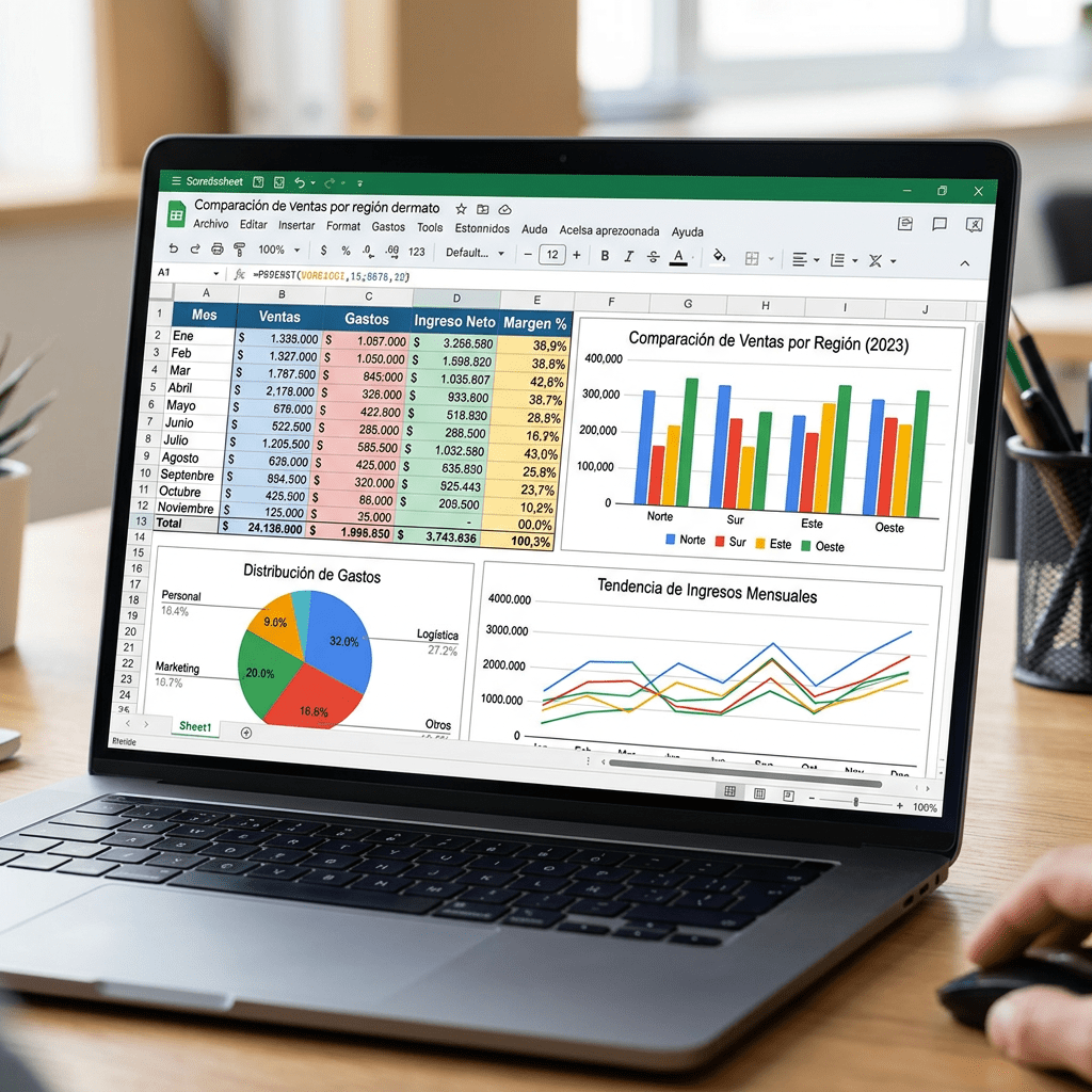Spreadsheet showing monthly sales, expenses, net income, margin percentage, sales comparison by region, expenses distribution pie chart, and monthly income trends line graph