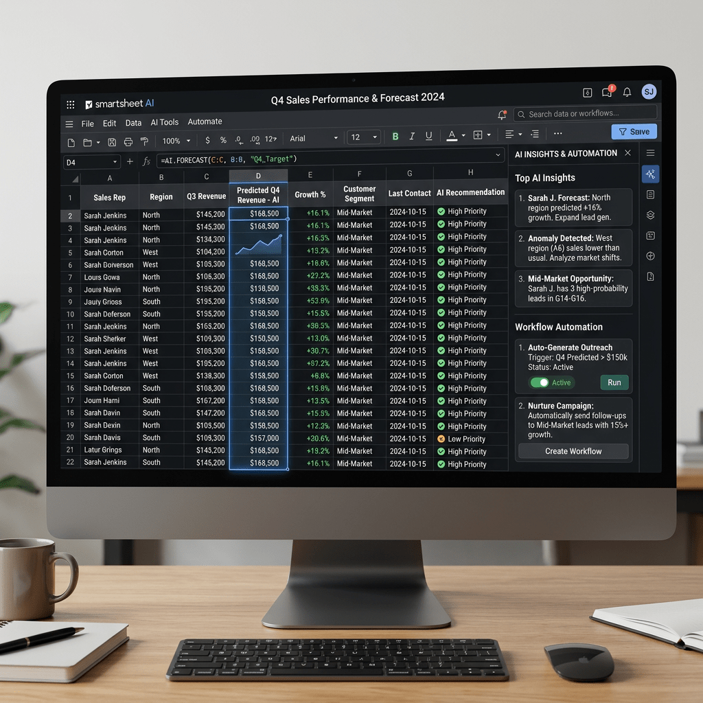 Spreadsheet showing Q4 sales data, predicted revenue, growth percentages, customer segments, last contact dates, and AI recommendations