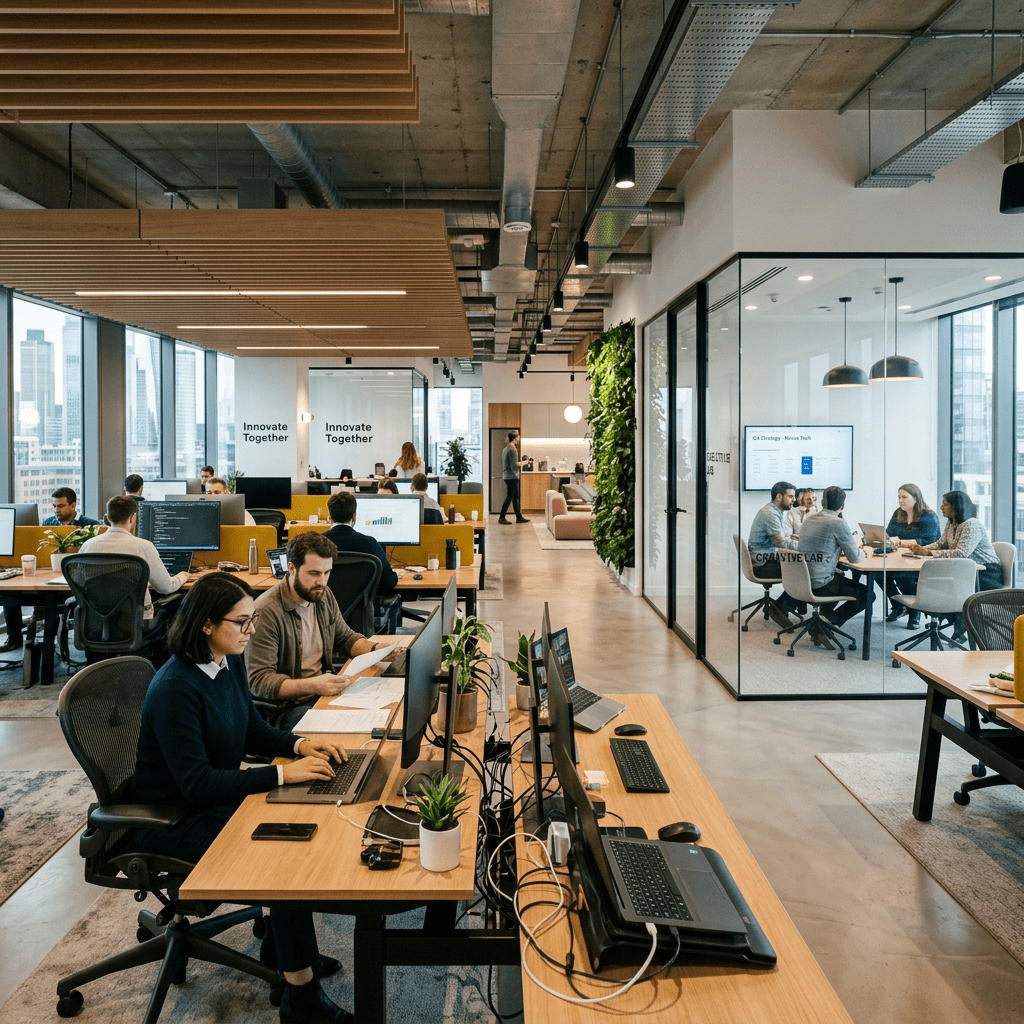 Open office workspace with employees at desks and meeting in a glass-walled conference room