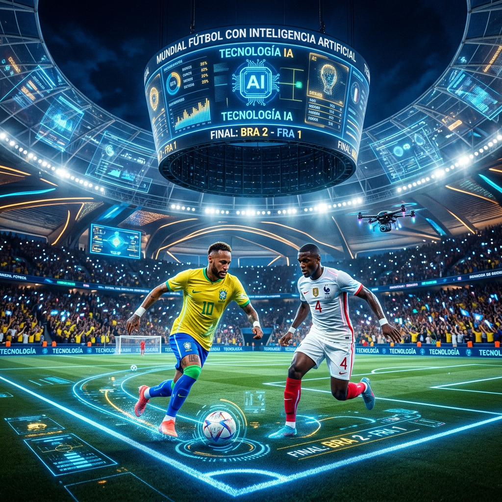 Two soccer players from Brazil and France competing on a field with AI technology overlays and a drone above.
