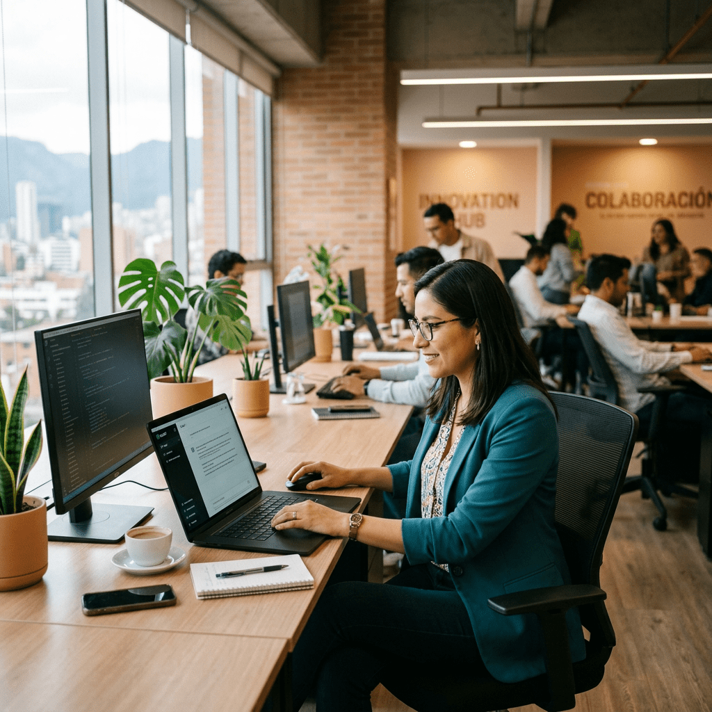 Woman using laptop at a shared office desk with colleagues working nearby