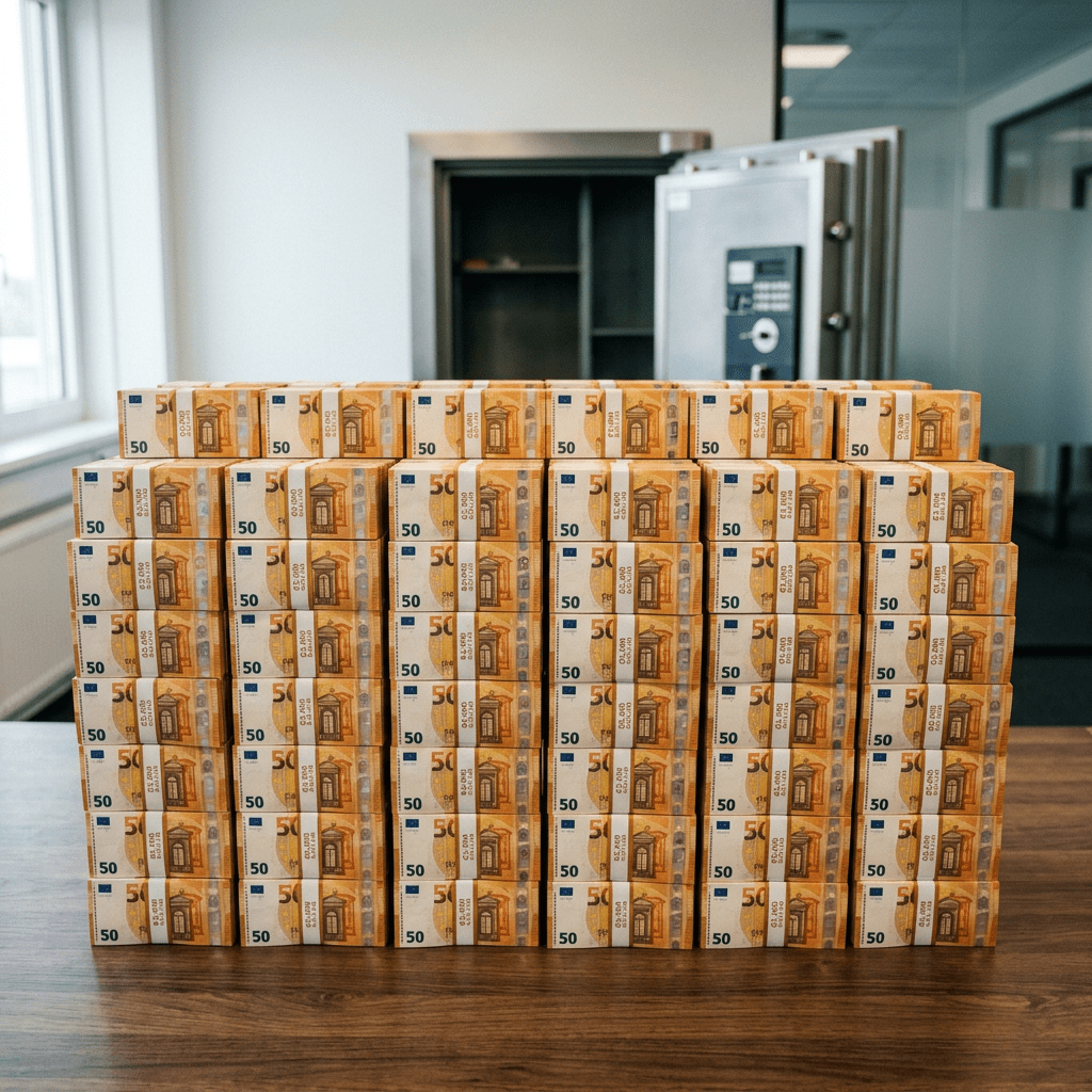 Stacks of bundled 50 euro banknotes arranged on a wooden table