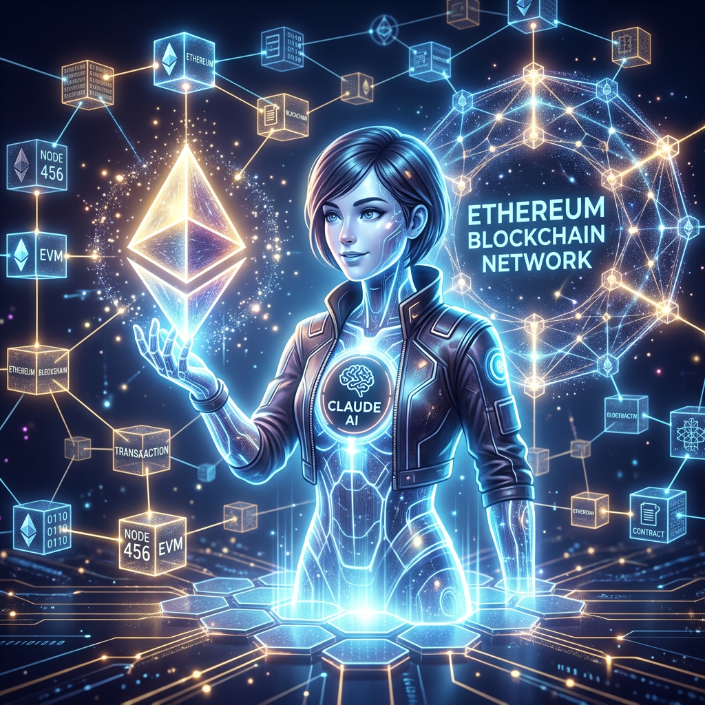 A digital AI figure holding a glowing Ethereum symbol with blockchain network graphics