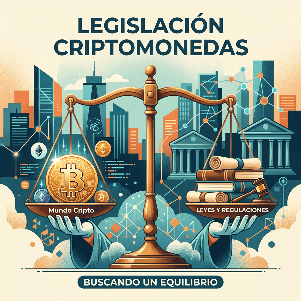 Scales balancing cryptocurrency coins and legal books with cityscape background
