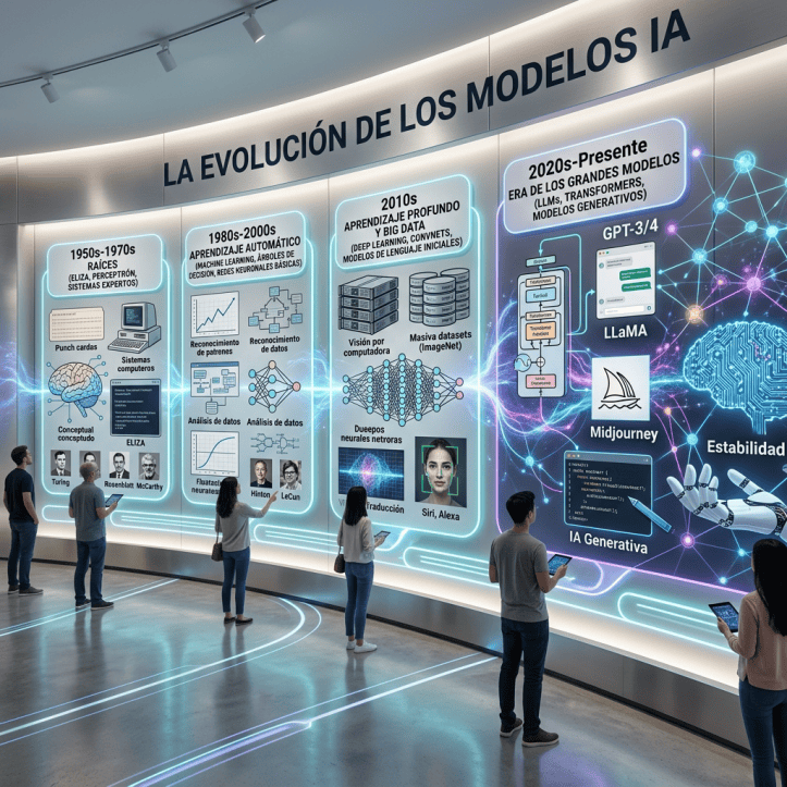 Exposición sobre la evolución de la inteligencia artificial desde 1950 hasta el presente