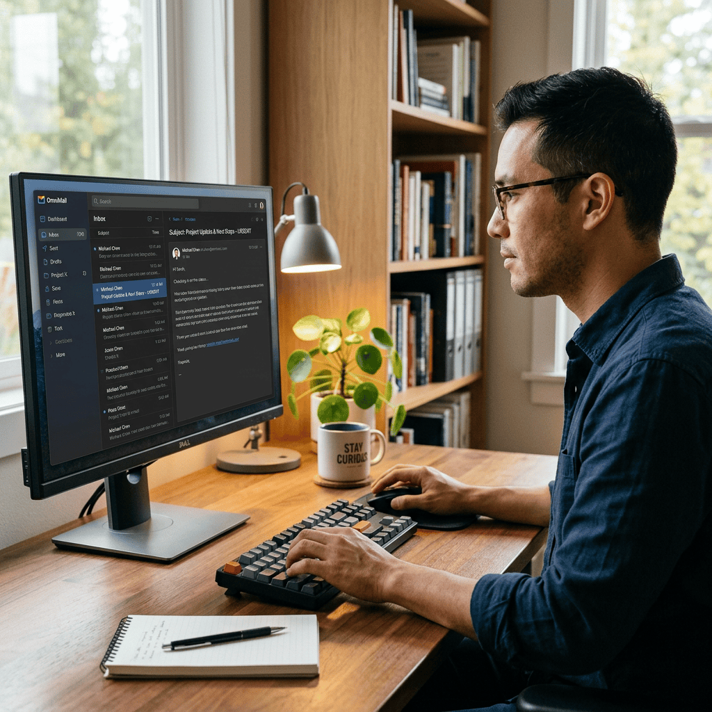 Person working at computer with Gmail open and Stay Curious mug