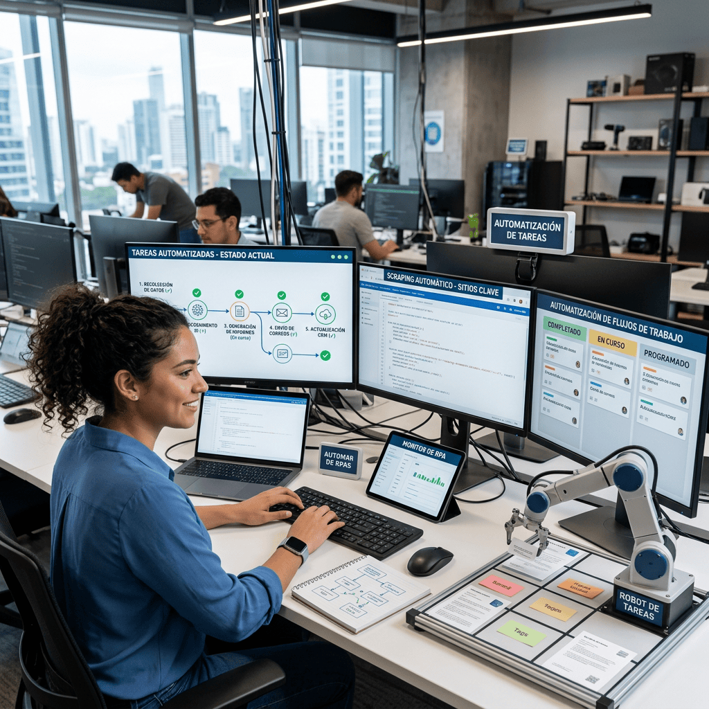 Professional monitoring workflow automation dashboards beside a robotic task arm