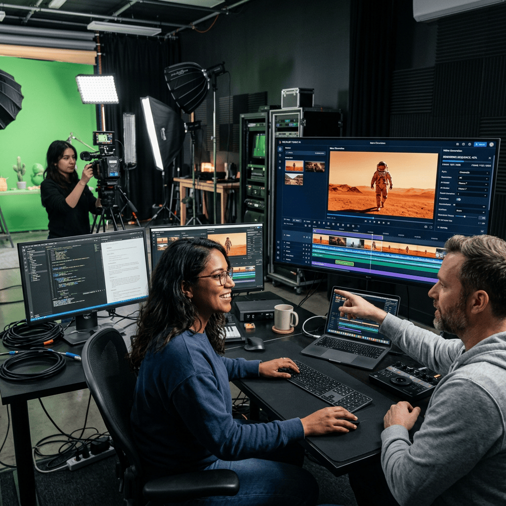 Two editors review astronaut footage in a studio with cameras and green screen